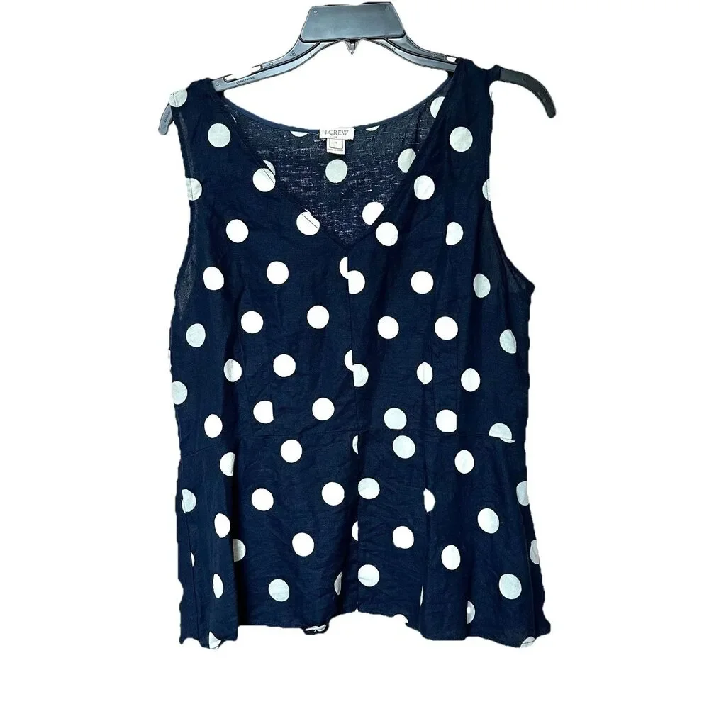 J Crew Top Women's 12 Navy Blue Polka Dot Peplum Linen Cotton Sleeveless Preppy